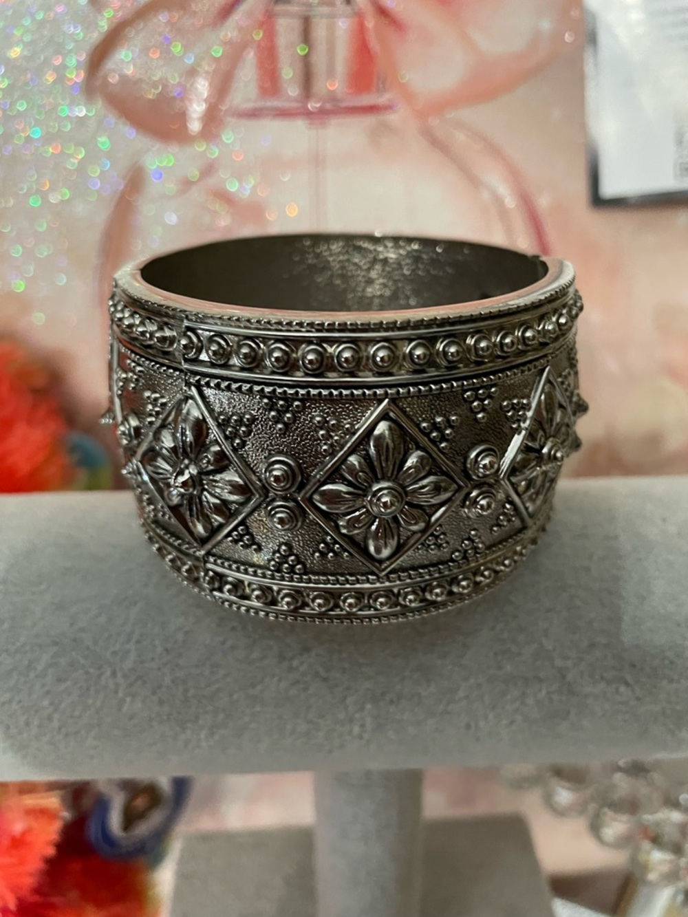 Ornate Floral Wide Silver-Tone Cuff Bracelet like new